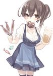  alcohol alternate_costume apron beer beer_mug blue_apron blush breasts brown_eyes brown_hair cleavage cup dirndl fish food german_clothes holding holding_cup kaga_(kantai_collection) kantai_collection large_breasts looking_at_viewer mouth_hold oktoberfest orqz pretzel short_hair side_ponytail skirt solo thighhighs waist_apron 