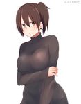  2015 akky_(akimi1127) alternate_costume arm_grab breasts brown_eyes brown_hair dated highres kaga_(kantai_collection) kantai_collection large_breasts long_hair long_sleeves looking_at_viewer open_mouth ribbed_sweater side_ponytail simple_background sketch sleeves_past_wrists solo sweater turtleneck twitter_username upper_body white_background 