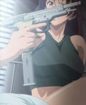  bare_shoulders beretta_92 black_lagoon female gun handgun indoors revy_(black_lagoon) screencap solo stitched sweat weapon 