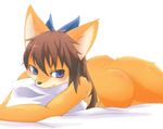  anthro black_nose blue_eyes blush brown_hair butt canine female fox fur hair hair_bow kemono long_hair lying mammal nude on_front pillow rag._(artist) simple_background solo white_background yellow_fur 