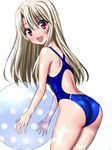  ass ball beachball blush competition_swimsuit fate/kaleid_liner_prisma_illya fate_(series) illyasviel_von_einzbern long_hair looking_at_viewer one-piece_swimsuit open_mouth red_eyes sen_(sansui) solo swimsuit wet white_hair 