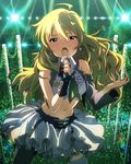  ahoge artist_request bare_shoulders blonde_hair blush crop_top earrings fingerless_gloves gloves green_eyes hoshii_miki idolmaster idolmaster_(classic) idolmaster_million_live! jewelry long_hair looking_at_viewer microphone midriff navel official_art open_mouth skirt solo wireless 