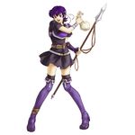  bag farina_(fire_emblem) fire_emblem fire_emblem:_rekka_no_ken highres holding holding_bag holding_weapon official_art open_mouth polearm purple_eyes purple_hair skirt solo spear wada_sachiko weapon white_background 