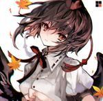  brown_eyes brown_hair chromatic_aberration hat hina_(pico) leaf looking_at_viewer maple_leaf shameimaru_aya short_hair simple_background solo tokin_hat touhou upper_body white_background 