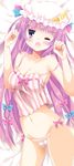  bow camisole collarbone crescent crescent_hair_ornament hair_ornament hat hat_bow highres long_hair lying mob_cap navel on_back one_eye_closed panties patchouli_knowledge purple_eyes purple_hair solo stigma1101 striped striped_panties touhou underwear yawning 