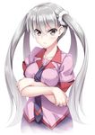  akizora_momiji crossed_arms grey_eyes highres long_hair monogatari_(series) necktie oikura_sodachi owarimonogatari school_uniform silver_hair solo twintails 