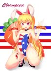  :d adapted_costume alternate_costume american_flag animal_ears ankle_cuffs blonde_hair bunny_ears bunny_tail bunnysuit carrot character_name choker clownpiece commentary_request double_v eila_yagyu fairy_wings fake_animal_ears flag_print flat_chest full_body heart heart-shaped_pupils high_heels hot_dog long_hair naughty_face open_mouth pink_eyes print_leotard sexually_suggestive smile solo squatting star striped symbol-shaped_pupils tail thick_thighs thighs touhou tsurime v v-shaped_eyebrows very_long_hair wings 