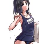  adjusting_clothes adjusting_swimsuit kara_no_kyoukai looking_at_viewer ohitashi_netsurou one-piece_swimsuit ryougi_shiki school_swimsuit short_hair simple_background solo swimsuit wet white_background 