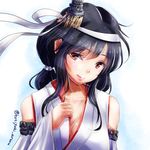  bare_shoulders black_hair breasts cleavage colored_eyelashes detached_sleeves floral_print hair_ornament headband hoshiyuki_aruru kantai_collection large_breasts light_smile nontraditional_miko orange_eyes remodel_(kantai_collection) short_hair solo wide_sleeves yamashiro_(kantai_collection) 