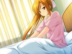  bed bow closed_mouth collarbone female game_cg hair_bow hyoui_henshin_extra_souls ishigami_aya long_hair looking_at_viewer orange_hair pink_shirt ponytail red_eyes shirt short_sleeves sitting sitting_on_bed smile solo 