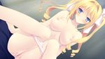  blonde_hair blue_eyes blush breasts drill_hair dutch_angle female hair_ribbon long_hair looking_away nipples panties panty_pull parted_lips pussy pussy_juice ribbon shy sitting solo spread_legs suzuhira_hiro sweat topless tsuki_ni_yorisou_otome_no_sahou twintails uncensored underwear ursule_fleur_jeanmaire 