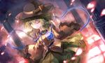  60mai bow green_eyes green_hair hat hat_bow heart komeiji_koishi long_sleeves looking_at_viewer one_eye_closed pillar shirt skirt smile solo third_eye touhou wide_sleeves 