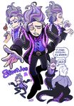  1girl 8-foot_joe boots bow bowtie character_name crossover disney disneyland food formal mato_(mozu_hayanie) multicolored_hair pale_skin recruiters_(disney) sanpaku streaked_hair suit takoyaki the_little_mermaid ursula_(disney) 