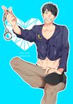  bad_id bad_pixiv_id black_hair blue_background closed_eyes crop_top crossed_legs cuffs english handcuffs heart male_focus muscle ogeretsu_tanaka original police police_uniform simple_background sitting smile solo sweatdrop uniform 