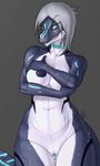  2015 android anthro bedroom_eyes big_breasts breasts countershading covering covering_breasts covering_self cyan_eyes dinosaur female front_view grey_background grey_body grey_hair hair half-closed_eyes hand_on_breast ldr looking_at_viewer machine markings multicolored_body nipples nude pinup pose pussy raptor robot scalie shaded sharp_teeth simple_background smile solo standing tara_(icyfoxy) teeth white_body white_sclera wide_hips 