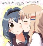  2girls 7001 blonde_hair blue_hair brown_eyes cheek_kiss closed_eyes collarbone copyright_name dated furutani_himawari hair_intakes hair_ornament hairband hairclip highres kiss multiple_girls nanamori_school_uniform one_eye_closed oomuro_sakurako school_uniform serafuku sweatdrop yuri yuru_yuri 