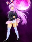  animal_ears arm_behind_back ass blazer blush bunny_ears dress_shirt from_behind highres jacket kattsan_(ninjaform00) loafers long_hair looking_at_viewer looking_back miniskirt moon open_mouth panties pantyshot pantyshot_(standing) pleated_skirt pointing pointing_down purple_hair purple_moon red_eyes reisen_udongein_inaba shirt shoes skirt smile solo standing thighhighs touhou underwear very_long_hair white_legwear white_shirt wind wind_lift 