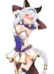 animal_ears armpits arms_up black_gloves blush braid breasts brown_eyes cleavage elbow_gloves erune gloves granblue_fantasy hairband heles highres kiyomin long_hair looking_at_viewer medium_breasts shiny shiny_skin silver_hair single_braid skirt solo very_long_hair white_background 