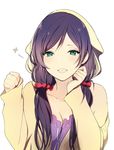  :d bow breasts cleavage collarbone green_eyes hair_bow large_breasts long_hair looking_at_viewer love_live! love_live!_school_idol_festival love_live!_school_idol_project lpip open_mouth purple_hair red_bow simple_background smile solo toujou_nozomi twintails upper_body white_background 