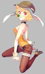  alternate_costume animal_ears back blonde_hair brown_legwear bunny_ears bunny_tail bunnysuit collar dango eating flat_cap floppy_ears food full_body grey_background hat high_heels highres image_sample keemoringo kneeling leg_garter looking_at_viewer mouth_hold pantyhose red_eyes ribbon ringo_(touhou) sanshoku_dango short_hair simple_background skewer solo tail touhou twitter_sample wagashi wrist_cuffs 