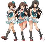  ass_visible_through_thighs breasts brown_eyes brown_hair cosplay double_v gloves green_eyes hat honda_mio idolmaster idolmaster_cinderella_girls kantai_collection large_breasts long_hair maya_(kantai_collection) maya_(kantai_collection)_(cosplay) medium_breasts mini_hat multiple_girls new_generations one_eye_closed one_side_up open_mouth remodel_(kantai_collection) shibuya_rin shift_(waage) shimamura_uzuki short_hair skirt smile v 