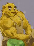  anthro biceps big_muscles black_eyes clothed clothing edit feline fur ginga green_fur jaguar male mammal mascot muscular pecs photo_manipulation ripped-saurian solo weights whiskers yellow_fur 