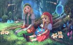  2girls :d bangs blonde_hair blue_eyes blunt_bangs braid brown_footwear dragon_quest dragon_quest_xi dress earrings eyebrows_visible_through_hair flower forest grass green_dress hat headband highres jewelry juliet_sleeves long_sleeves multiple_girls mushroom nature necklace open_mouth orange_legwear outdoors pearl_necklace pippi_(pixiv_1922055) puffy_sleeves red_hat red_skirt senya_(dq11) shoes sitting skirt slime_(dragon_quest) smile socks tree twin_braids veronica_(dq11) white_flower 