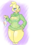  animatronic anthro avian bib bird breasts chicken cleavage clothed clothing datbritishmexican female five_nights_at_freddy&#039;s five_nights_at_freddy&#039;s_2 keyhole_turtleneck machine robot smile solo sweater thick_thighs toy_chica_(fnaf) video_games 