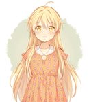  ahoge arms_behind_back bad_id bad_twitter_id blonde_hair collarbone copyright_request dress floral_print long_hair mery_(apfl0515) orange_dress short_sleeves smile solo very_long_hair white_background yellow_eyes 