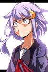  &gt;:( acchii_(akina) angry blue_eyes crescent crescent_hair_ornament frown hair_flaps hair_ornament hairpin highres kantai_collection letterboxed long_sleeves looking_to_the_side parody purple_hair ribbon sakaki_yuuya school_uniform serafuku short_hair short_hair_with_long_locks simple_background solo upper_body v-shaped_eyebrows white_background yayoi_(kantai_collection) yuu-gi-ou yuu-gi-ou_arc-v 