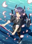  ahoge blush breasts eyepatch headgear highres jewelry kantai_collection kotobuki_(momoko_factory) looking_at_viewer looking_up medium_breasts necktie ocean open_mouth purple_hair ring school_uniform short_hair solo sword tenryuu_(kantai_collection) thighhighs water weapon yellow_eyes 