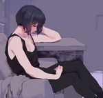  black_hair black_pants black_shirt blue_eyes breasts couch from_side ghost_in_the_shell hand_on_own_head katsuoboshi kusanagi_motoko looking_away looking_down no_bra on_couch pants partially_colored purple shirt short_hair sitting sleeveless small_breasts solo strap_gap table tank_top twitter_username 