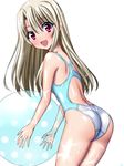  ass ball beachball blush competition_swimsuit fate/kaleid_liner_prisma_illya fate_(series) illyasviel_von_einzbern long_hair looking_at_viewer one-piece_swimsuit open_mouth red_eyes sen_(sansui) solo swimsuit wet white_hair 