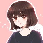  1girl atobesakunolove bangs black_shirt brown_eyes brown_hair character_name closed_mouth commentary_request copyright_name eunha_(gfriend) eyebrows_visible_through_hair gfriend heart highres looking_at_viewer outline shirt short_hair signature smile solo upper_body white_outline 