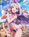  :d artist_request audience bikini bow bracelet cloud day earrings hair_bow hairband idolmaster idolmaster_(classic) idolmaster_million_live! jewelry jpeg_artifacts lens_flare long_hair looking_at_viewer microphone music navel necklace official_art open_mouth rainbow red_eyes see-through shijou_takane silver_hair singing sky smile solo swimsuit wireless 