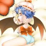  ass bat_wings bed_sheet colored_eyelashes from_behind highres lavender_hair looking_at_viewer lying no_pants on_side panties pink_shirt puffy_short_sleeves puffy_sleeves red_eyes remilia_scarlet shirt short_hair short_sleeves slit_pupils solo striped striped_panties touhou umo underwear wavy_hair wings 