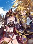  1girl amagaeru_(hylathewet) animal_ears armor belt blonde_hair blue_eyes blush cat_ears cloak dress ears_through_headwear fingerless_gloves flat_chest full_armor gloves granblue_fantasy highres holding holding_hands hood hooded_cloak long_hair naoise one_eye_closed open_mouth orange_eyes pauldrons scathacha_(granblue_fantasy) shoulder_pads silver_hair tissue 