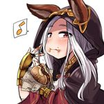  :t amagaeru_(hylathewet) animal_ears blush cat_ears cloak ears_through_headwear eating eighth_note fingerless_gloves food gloves granblue_fantasy hamburger hood hooded_cloak long_hair looking_at_viewer musical_note red_eyes scathacha_(granblue_fantasy) short_eyebrows silver_hair simple_background solo spoken_musical_note upper_body white_background 