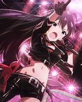  :o artist_request asymmetrical_clothes belt black_gloves black_hair earrings fang ganaha_hibiki gloves idolmaster idolmaster_(classic) idolmaster_million_live! jewelry jpeg_artifacts long_hair long_ponytail microphone midriff music navel official_art pointing ponytail singing single_pantsleg solo v-shaped_eyebrows very_long_hair 