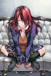  breasts checkered checkered_skirt cleavage collarbone couch crossed_legs fang fang_out hair_over_one_eye highres jacket kneehighs kobayashi_rindou medium_breasts no_shoes open_clothes open_jacket red_hair saeki_shun shokugeki_no_souma sitting skirt slit_pupils solo yellow_eyes 
