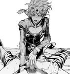  2boys anal bottomless character_request cleavage_cutout giorno_giovanna guido_mista heart_cutout jojo_no_kimyou_na_bouken looking_at_viewer monochrome multiple_boys on_bed penis pov solo_focus sweat yaoi zakki 