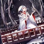  amatsukiryoyu blue_eyes blue_hair dutch_angle hatsune_miku hood japanese_clothes kimono long_hair night sitting snow snowflakes snowing solo tree uchikake vocaloid yuki_miku 