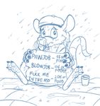  anthro barefoot begging chipp digital_drawing_(artwork) digital_media_(artwork) emenius front_view headgear homeless looking_at_viewer male mammal monochrome outside price prostitution raining rat rodent sad sign sitting solo spread_legs spreading whiskers 