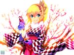  blonde_hair blue_eyes edna_(tales) flower fur_trim furisode_(pixilvina) gloves hair_ribbon hairband hakama highres japanese_clothes kimono looking_at_viewer plum plum_blossoms purple_gloves red_hakama ribbon short_hair side_ponytail smile solo tales_of_(series) tales_of_zestiria tress_ribbon 