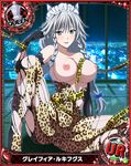  1girl bodystocking breasts breasts_outside gloves grayfia_lucifuge grey_eyes grey_hair high_school_dxd leopard_print looking_at_viewer maid_headdress photoshop solo torn_clothes white_hair 