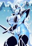  amakuchi anthro armor big_breasts breasts canine female group hair long_hair mammal melee_weapon midriff pubes solo_focus standing sword unconvincing_armor weapon wolf 