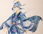  blue_eyes blue_hair floral_print haru_(pisces0619) headwear highres japanese_clothes kairi_(murasaki) male_focus murasaki_(game) solo traditional_media 