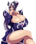  1girl animal_ears bare_shoulders blush breasts cleavage collarbone cow_ears curvy eyepatch female gigantic_breasts hikkin_(pixiv) horns jewelry legs_crossed lips long_hair matsumoto_katsuya necklace original parted_lips ponytail purple_hair shiny_skin simple_background sitting solo thick_thighs thighs white_background 
