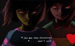  2others androgynous artist_name brown_hair chara_(undertale) collared_shirt dark_persona dual_persona english evil evil_eyes evil_smile frisk_(undertale) glowing glowing_eyes heart insaneisane multiple_others red_eyes shirt smile smirk spoilers striped striped_shirt undertale upper_body yellow_skin 