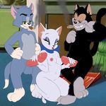  breasts butch cat collar erect_nipples erection exwolf85 fangs feline female green_eyes male mammal metalslayer nipples penis red_lipstick ribbons smile tom tom_and_jerry 